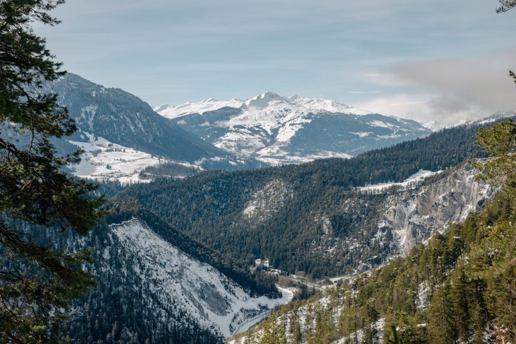 Breathtaking view of snow-covered mountains and forests in winter, ideal for nature enthusiasts.